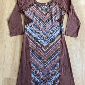 Free People Long Sleeve Dress in Brown and Blue